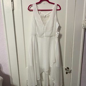 White High Low Chiffon Sleeveless Dress with Lace Neck